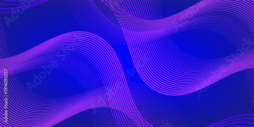 Futuristic dark abstract background with vibrant violet and pink glowing waves on a deep navy backdrop. Perfect for modern digital posters, tech presentations, or music visuals. Vector horizontal temp