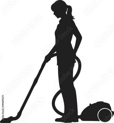 Black silhouette of a woman vacuuming with a vacuum cleaner