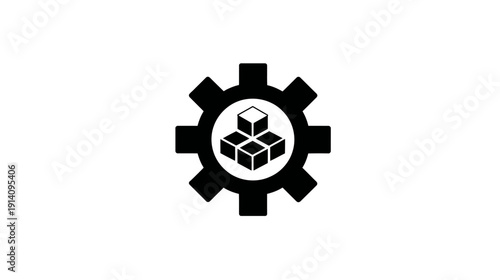 Modular system configuration icon: Black gear with stacked blocks, representing settings, development, integration, and engineering.
