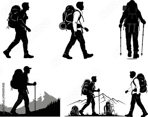 Hikers in various poses and landscapes with backpacks and trekking poles