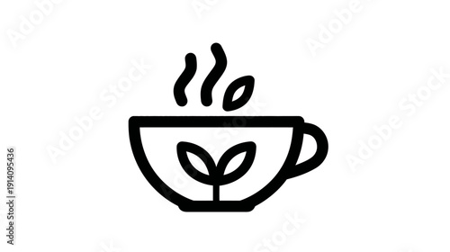 Steaming Herbal Tea Cup Icon with Plant Sprout - Healthy, Organic, Natural Beverage Symbol. Eco-Friendly Drink.