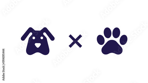 Minimalist dark blue dog head and paw print icons illustration on white background, pet care and animal friendly concept