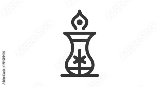Minimalist burning candle icon in a decorative holder, line art illustration symbolizing peace, meditation, warmth, and relaxation.