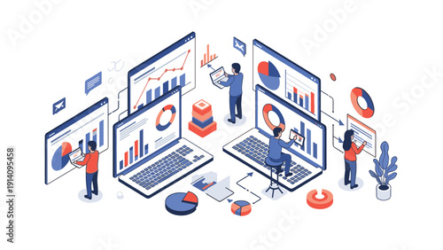 Isometric high-tech office environment with a large team of professional analysts working on various laptops and data display screens.