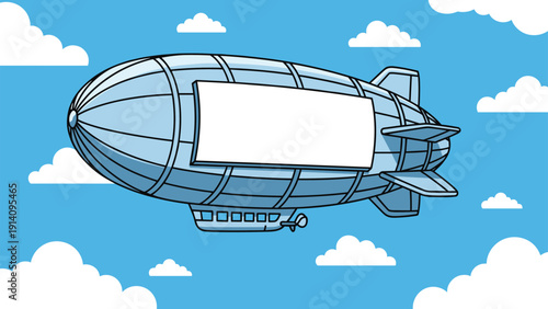 Large blue blimp or dirigible floats through a clear blue sky filled with white clouds while displaying a blank white banner for advertising.