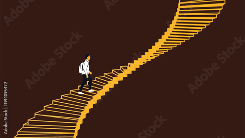 Man with a backpack walks up a long and narrow golden spiral staircase that twists high into a dark brown void representing a long journey.