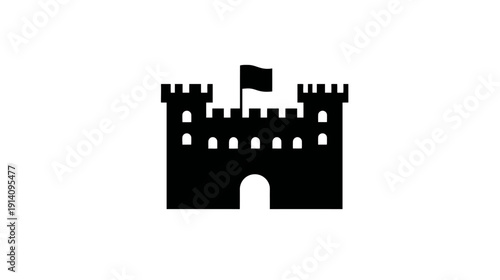 Black castle silhouette icon with flag. Minimalist fortress symbol, simple flat vector graphic on a white background, isolated.