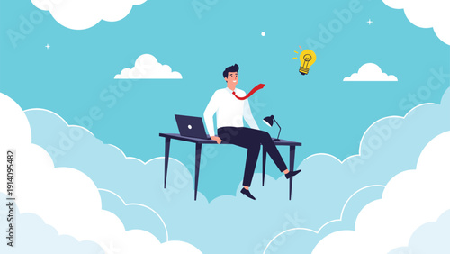Relaxed businessman in a white shirt sits on a desk floating high up among white clouds in a bright blue sky while thinking of new ideas.