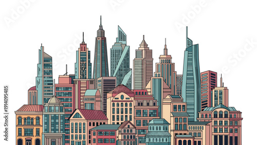Dense and colorful cityscape filled with many different types of skyscrapers and classic buildings in a detailed and flat vector art style.