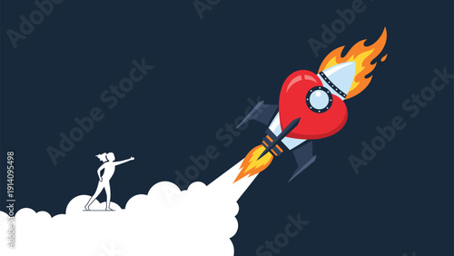 Creative illustration of a red heart rocket launching into the dark night sky while a woman silhouette watches from the clouds.