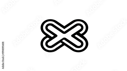 Abstract geometric interlocking X symbol. Modern minimalist infinite knot line art icon. Symmetrical black and white design element.
