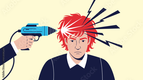 Hand holding a futuristic blue laser gun pointing at the head of a man with messy red hair and electric sparks flying out.