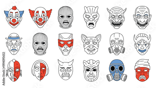 Large assortment of eighteen different masks including clowns, balaclavas, demons, and gas masks arranged in a grid.