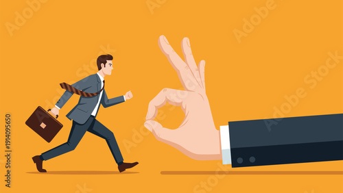 Scared businessman in a suit with a briefcase running away from a giant hand making an ok sign on a bright orange background.