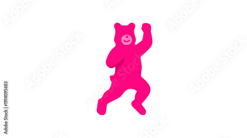 Vibrant Pink Gummy Bear Mascot Dancing Joyfully on White Background - Cheerful Cartoon Character Celebrating Fun
