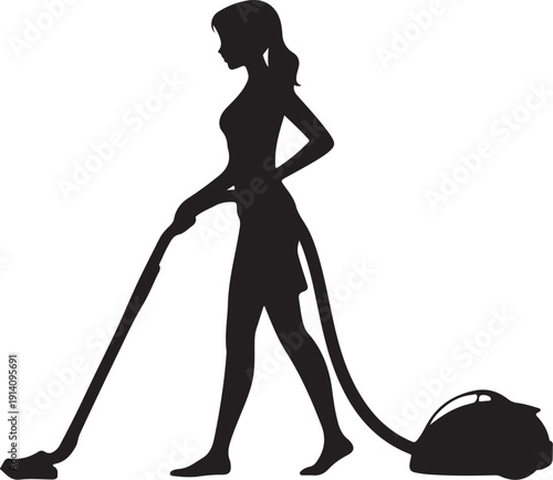Black silhouette of a woman vacuuming with a vacuum cleaner