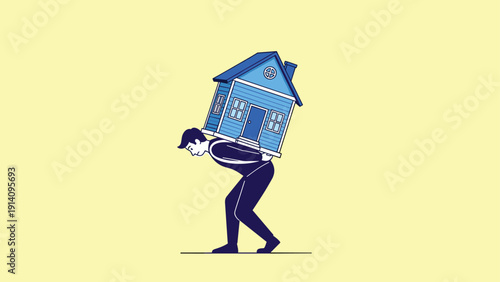 Burdened man in a dark tracksuit walking while carrying a large blue house on his back against a solid yellow background.