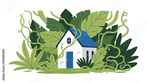 Tiny white house with a blue roof completely surrounded and overgrown by massive green tropical leaves and hanging vines.