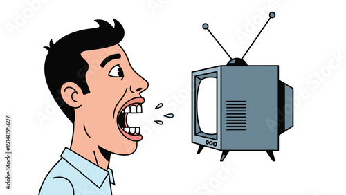 Profile of a man with his mouth wide open shouting loudly directly into the screen of a vintage television set with antenna.