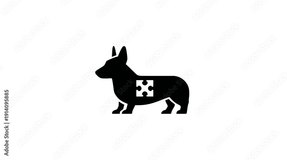 Fototapeta premium Black dog silhouette with a puzzle piece cutout, symbolizing pet connection, animal care, welfare, problem-solving, or unity.