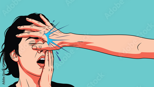 Person with black hair expresses frustration or regret by doing a facepalm as blue splashes or sparks emanate from the contact point.