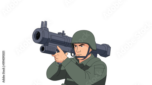 Soldier in military uniform and a green helmet aims a large black rocket launcher or bazooka towards the left on a white background.