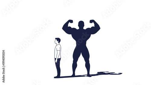 Ordinary man stands next to his massive shadow which reveals a powerful bodybuilder pose with large muscles on a white background.