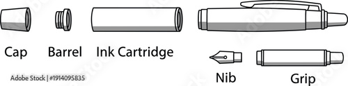 Fountain pen components illustration, cap, barrel, nib, grip, ink cartridge, assembled fountain pen, educational diagram, writing instrument parts, pen anatomy drawing