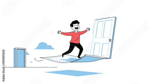 Happy man in a red shirt flies through an open door on a flying white sheet or carpet towards another blue door in the distance.