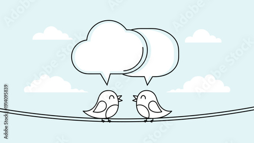 Two cute little birds sit on a wire and talk to each other using large fluffy clouds as speech bubbles against a pale blue sky.