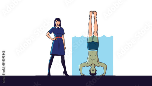 Confident woman in a blue dress stands next to a man performing an underwater handstand in a small tank or pool of water.