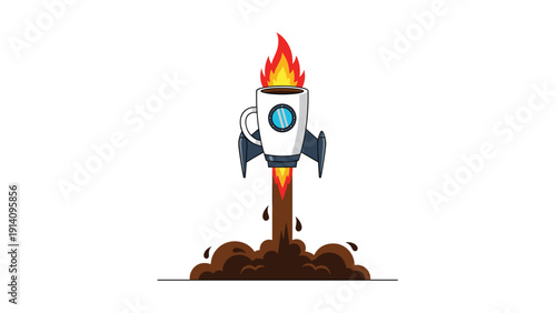 White coffee cup shaped like a rocket blasts off with a trail of dark coffee and flames against a clean white background.