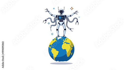 Multi-armed white robot stands atop a small globe of the Earth as if it is managing or controlling the planet in a high-tech future.