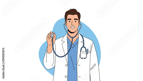 Friendly male doctor wearing a white coat and blue scrubs holds up a stethoscope towards the viewer in a professional medical portrait.