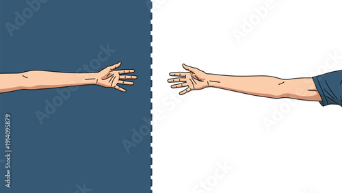 Two hands reach out towards each other from across a dark blue and white divide in a gesture of help, connection, or unity.
