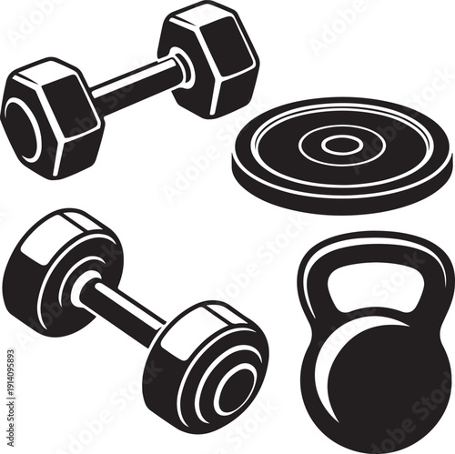 black and white illustration of gym equipment  dumbbells kettlebell weight plate