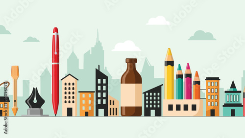 Creative city skyline where buildings are mixed with various office supplies like pens, pencils, and bottles against a pale green sky.
