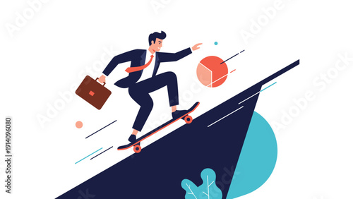 Energetic businessman in a suit rides a skateboard up a steep rising slope while carrying a briefcase and passing a pie chart.