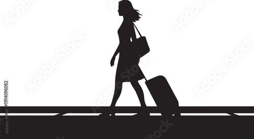 Black silhouette of a woman walking with a suitcase and handbag