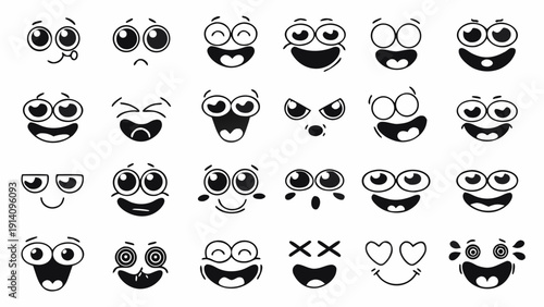 24 set icon vector collection of funny cartoon monster and animal faces featuring a seamless pattern design with colorful eyes, smiles, glasses, and stylish mustaches