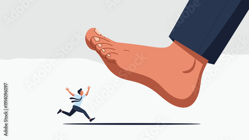 Tiny man in a white shirt and tie runs away in fear as a massive bare foot prepared to stomp down on him from above.