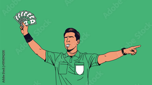 Sports referee in a green shirt accepts a bribe of cash while blowing his whistle and pointing, representing corruption in athletic games.