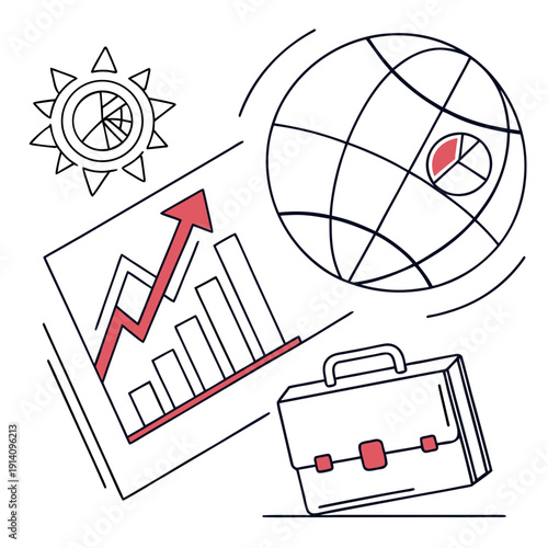 A graph, globe, and briefcase with red accents