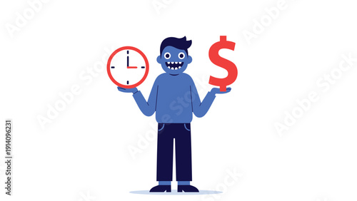 Blue character balances a clock and a dollar sign in his hands, reflecting the constant struggle between managing time and making money.