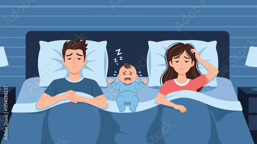 Tired parents look exhausted in bed while their newborn baby cries loudly during the night, portraying the real challenges of parenting.