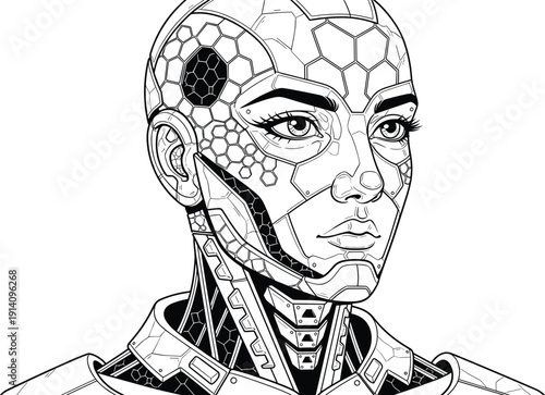 Futuristic humanoid robot illustration, cybernetic face with mechanical panels, artificial intelligence concept, sci fi cyborg portrait, black and white detailed technology artwork