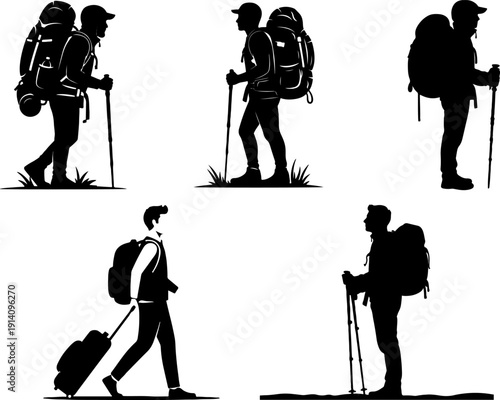 Hikers in various poses with backpacks and trekking poles