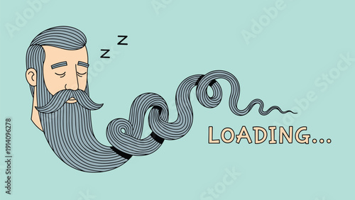 Sleeping man with a long grey beard has his facial hair forming a loading bar, representing a long wait, boredom, or a slow process.