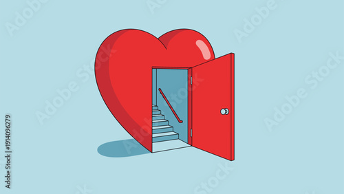 Large red heart with an open door and a staircase inside symbolizes the journey of falling in love or exploring deep human emotions.