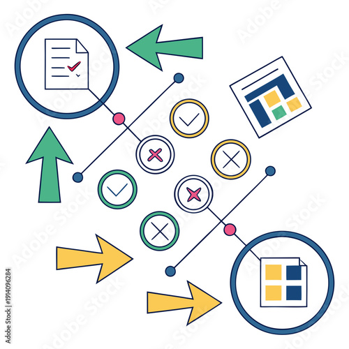 A flowchart with various symbols and arrows